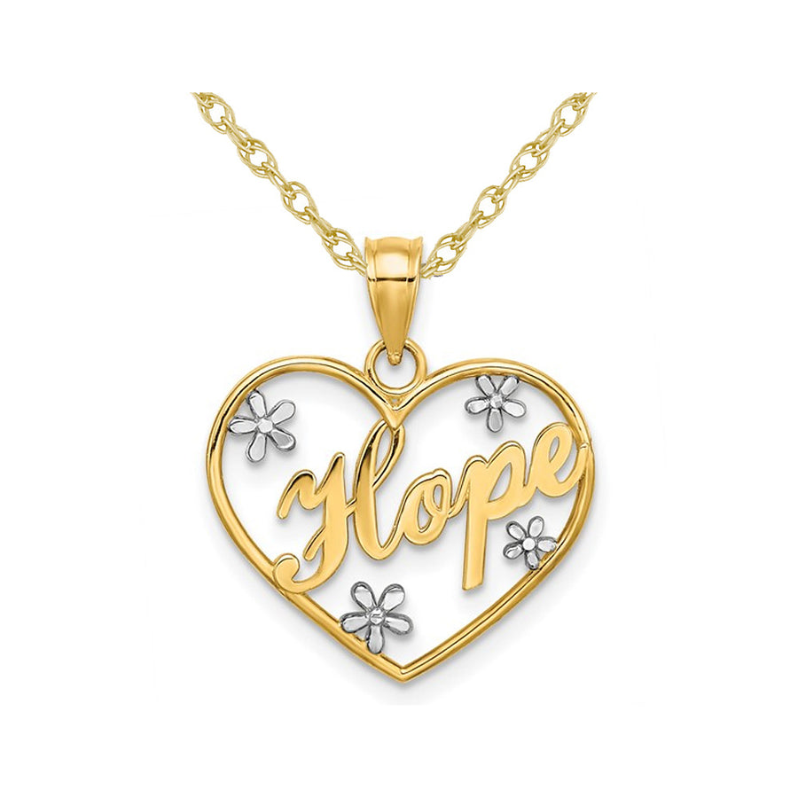 10K Yellow Gold Hope In Heart with Flowers Pendant Necklace with Chain Image 1