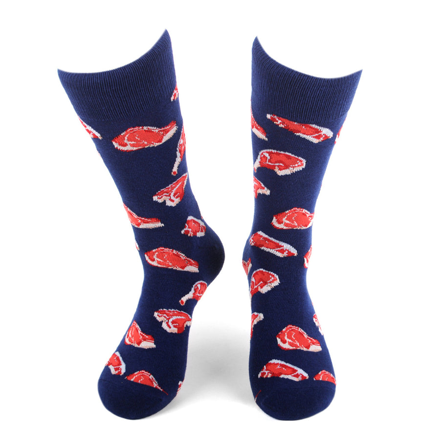 Funny Mens Socks Meat Lovers Novelty Socks Crazy Socks Steak Rib Eye T Bone Meat Lovers Gift Blue and Red Crazy Socks Image 1