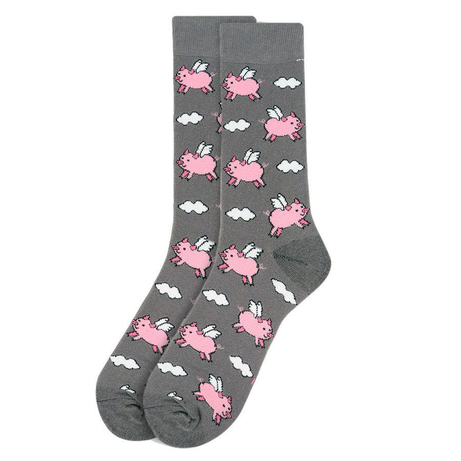 Fun Socks Mens Flying Pigs Novelty Socks Grey and Pink Pig Farm Little Piggies  Gift for Pig Lover Grey Image 1