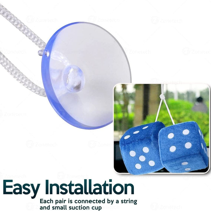 Zone Tech Blue Teal 3" Square Hanging Dice-Soft Fuzzy Decorative Vehicle Hanging Mirror Dice with White Dots - Pair Image 4
