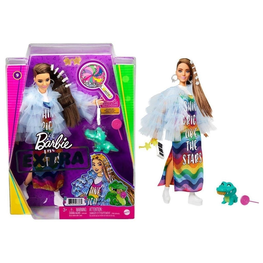 Mattel Barbie Extra Doll 9 Rainbow Dress Crocodile 15 Piece Fashion Accessories Image 1