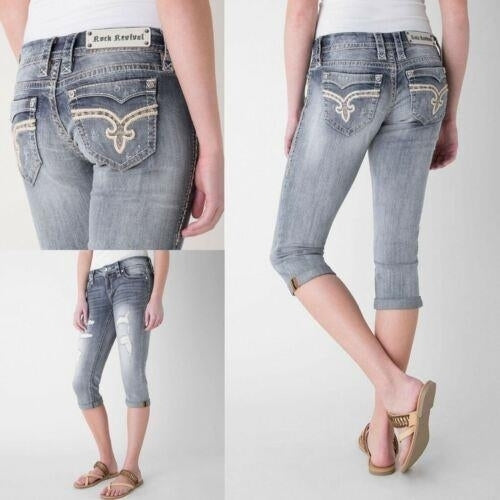 Rock Revival Jeans Embellished Vivian Faux Flap Pocket Ripped Cropped Capri 24 Image 1