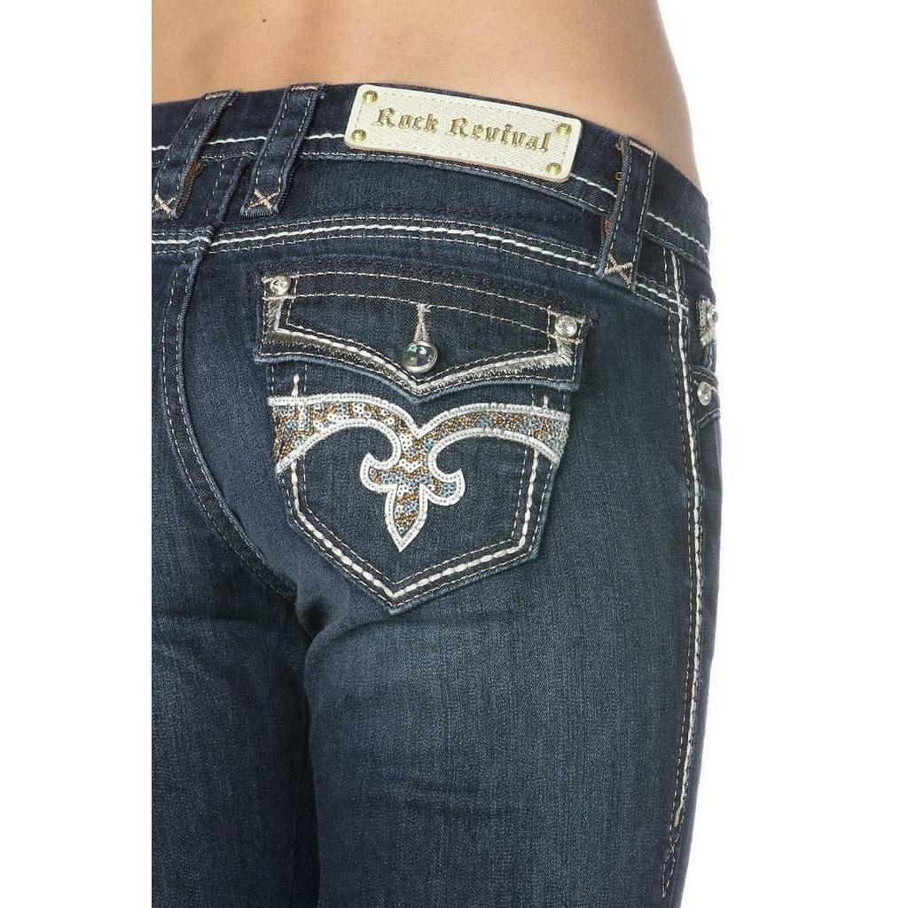 Rock Revival Jeans Mid Rise Noho Easy Bootcut Sequin Flap Pocket Stretch 24 x 33 Image 3