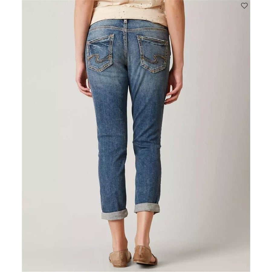 Silver Jeans Mid Rise Sam Boyfriend Curvy Cuffed Stretch Jeans Women's 28 x 27 Image 1
