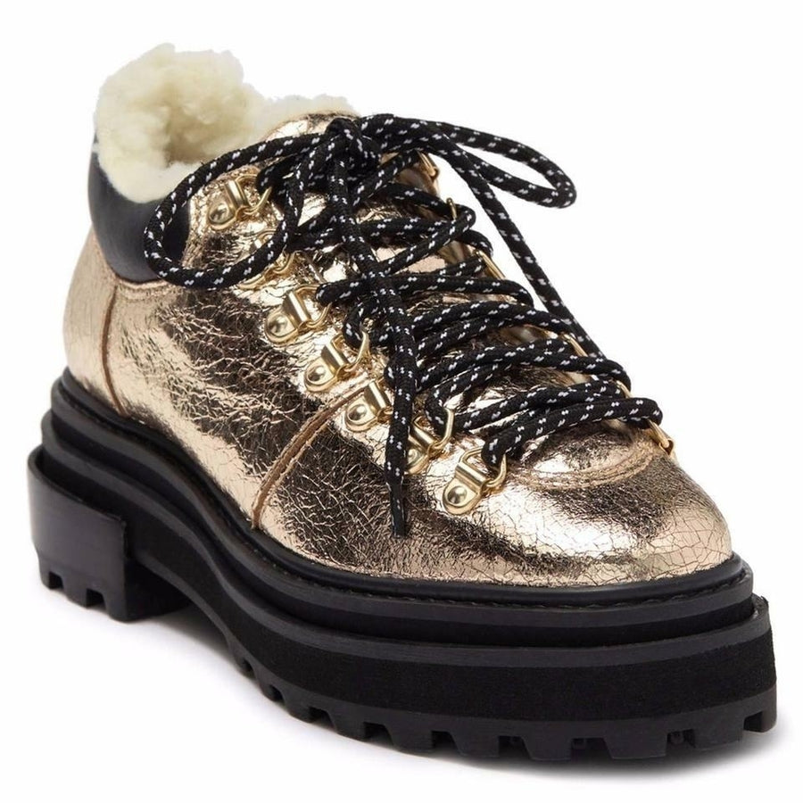 Womens Schutz Boots Lucille Shearling Lace Up Hiker Ankle Booties Gold Leather 7 Image 1