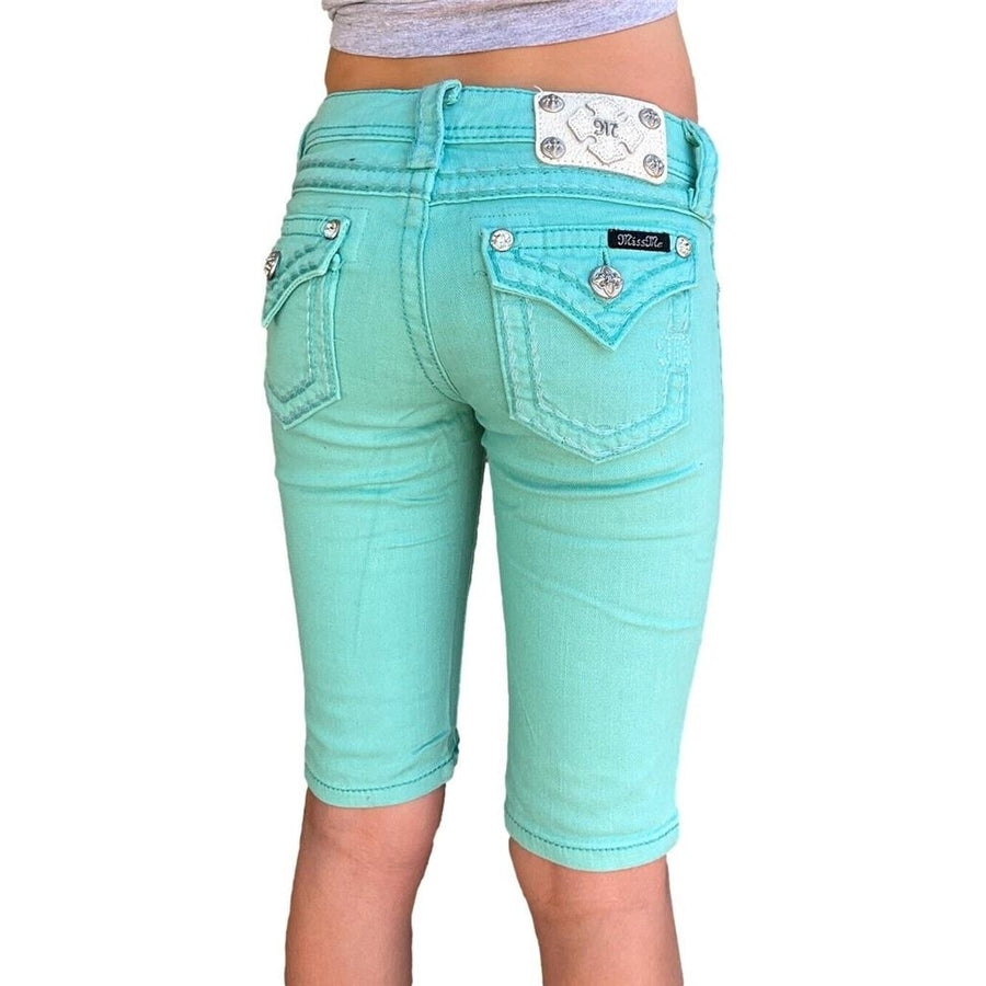 Girls Miss Me Jeans Low Rise Tiffany Blue Bling Denim Bermuda Shorts Kids 10 Image 1