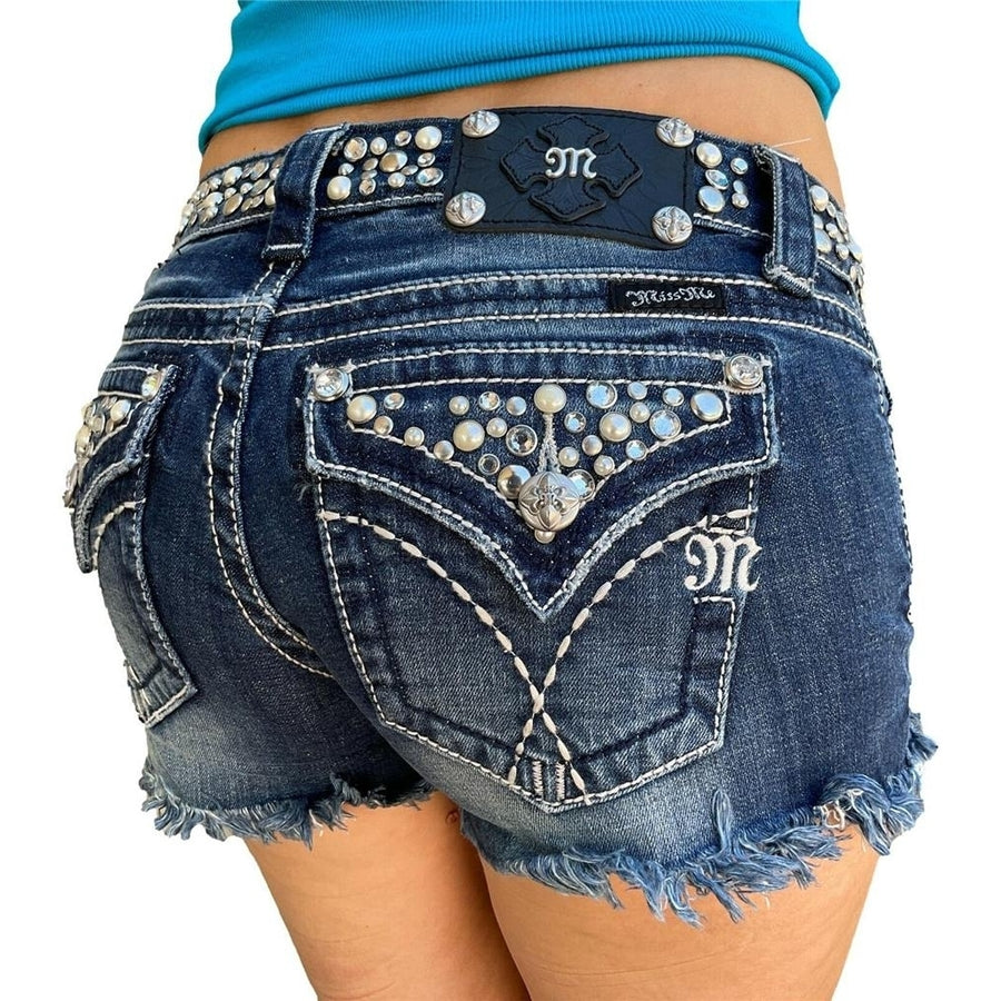 Womens Miss Me Jeans Low Rise Faux Pearl Bling Studded Cut-Off Denim Shorts 26 Image 1