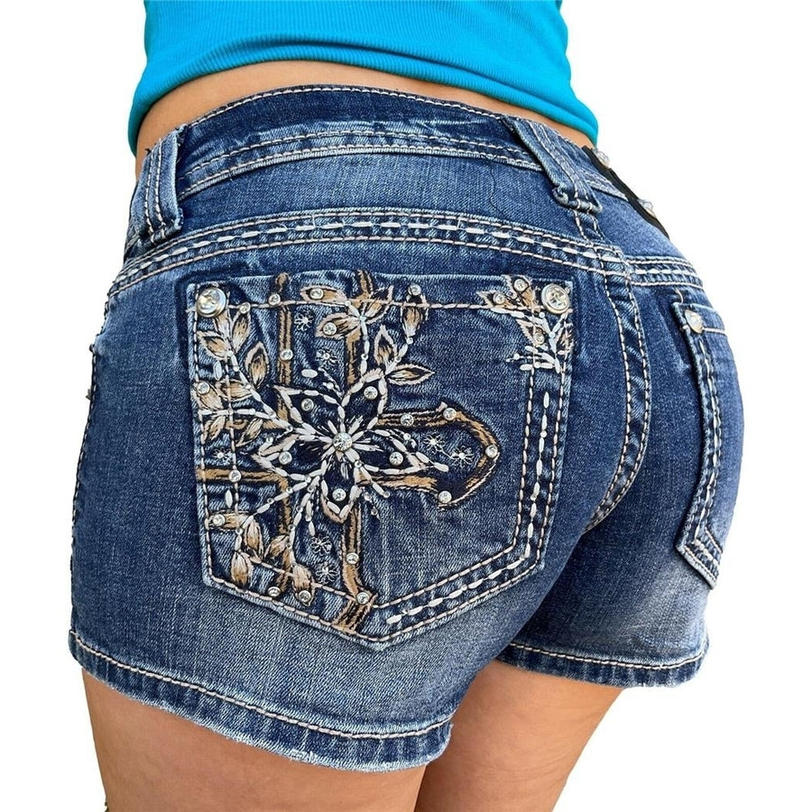 Womens Miss Me Jeans Low Rise Floral Cross Vines Rhinestone Denim Shorts 26 Image 1