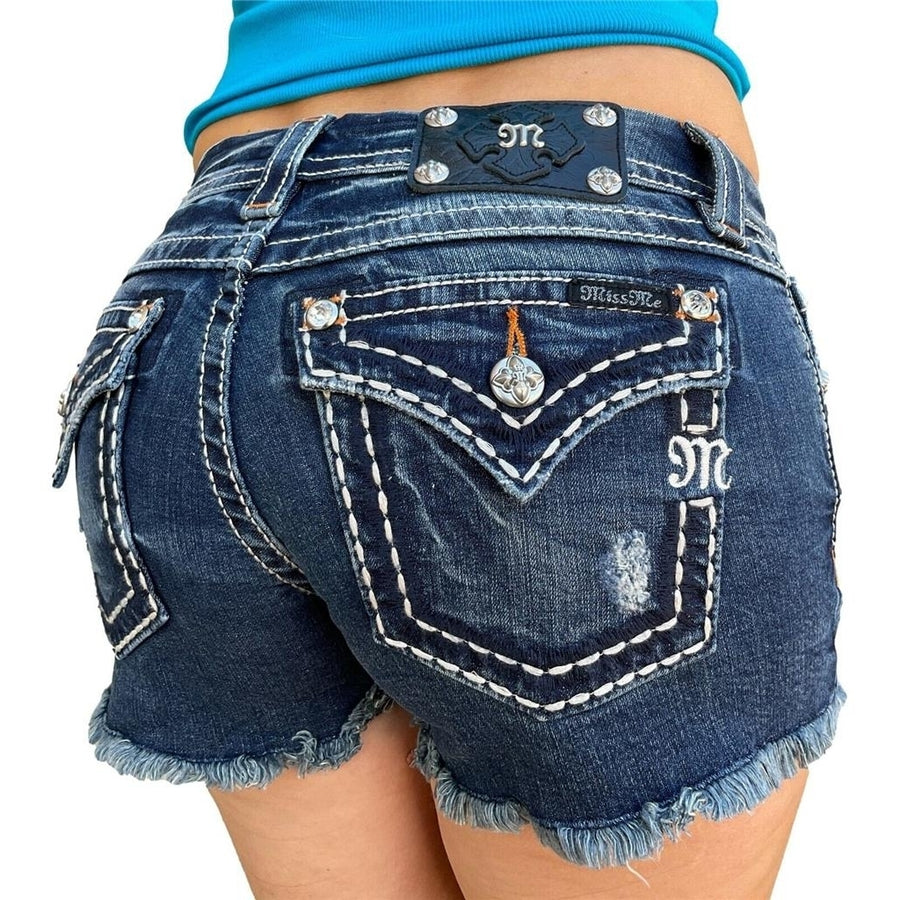 Miss Me Jeans Low Rise Exposed Fair Isle Pocket Ripped Frayed Denim Shorts 26 Image 1