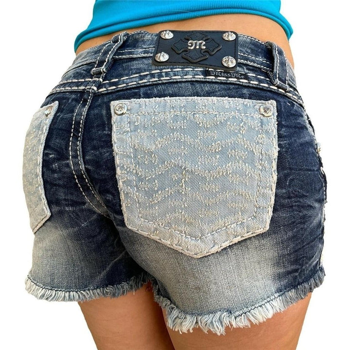 Womens Miss Me Jeans Low Rise Embroidered Inlay Cut-Off Frayed Denim Shorts 26 Image 1
