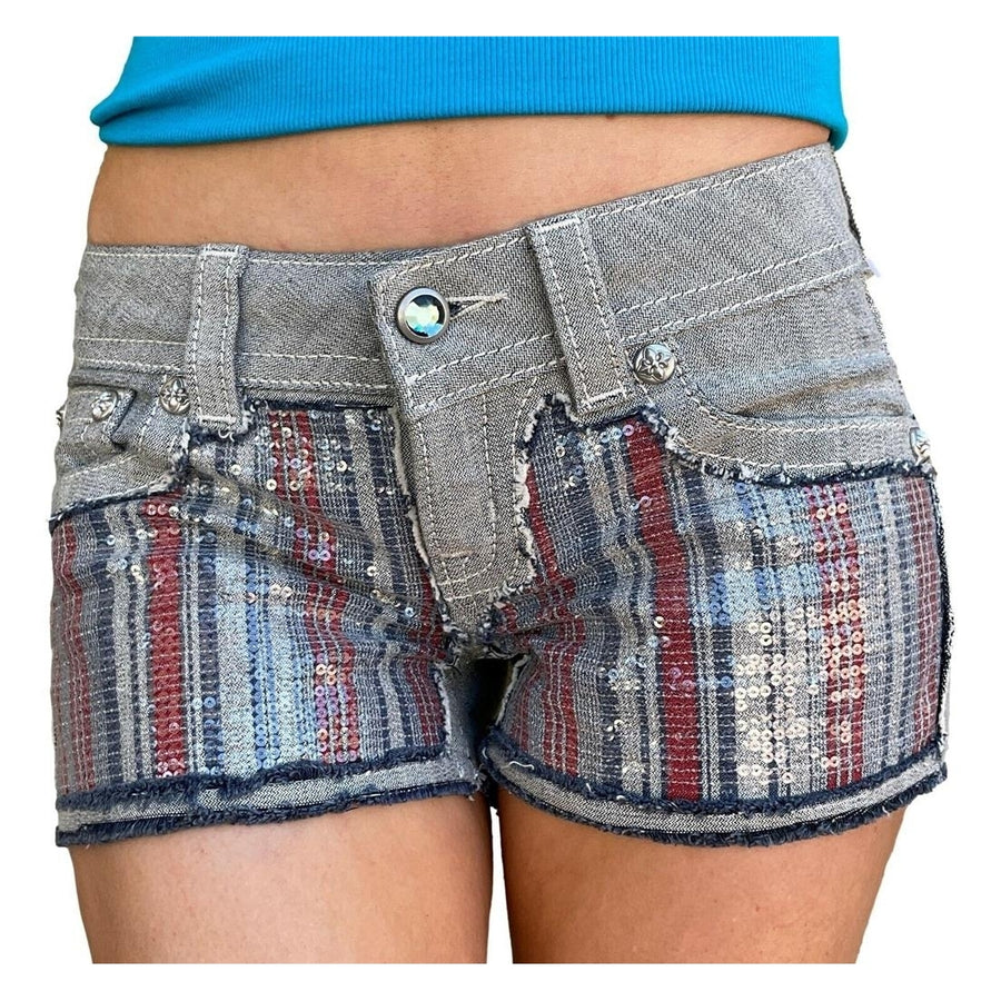 Womens Miss Me Jeans Low Rise Grey Striped Sequin Flap Pocket Denim Shorts 26 Image 1