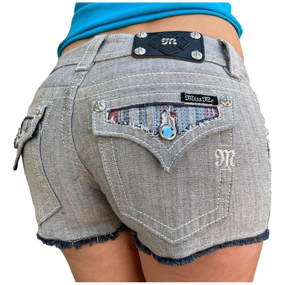 Womens Miss Me Jeans Low Rise Grey Striped Sequin Flap Pocket Denim Shorts 26 Image 2