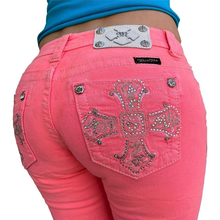 Miss Me Jeans Low Rise Rhinestone Cross Neon Pink Frayed Denim Bermuda Shorts 26 Image 1