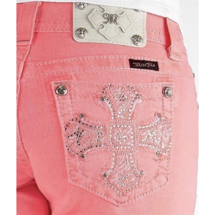 Miss Me Jeans Low Rise Rhinestone Cross Neon Pink Frayed Denim Bermuda Shorts 26 Image 2