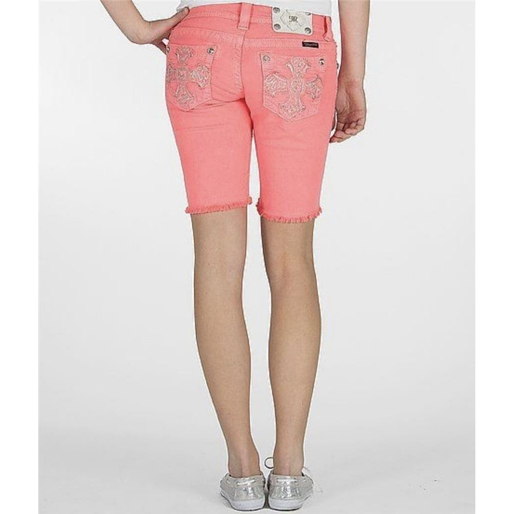 Miss Me Jeans Low Rise Rhinestone Cross Neon Pink Frayed Denim Bermuda Shorts 26 Image 3