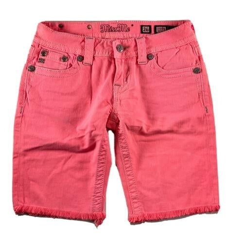 Miss Me Jeans Low Rise Rhinestone Cross Neon Pink Frayed Denim Bermuda Shorts 26 Image 4
