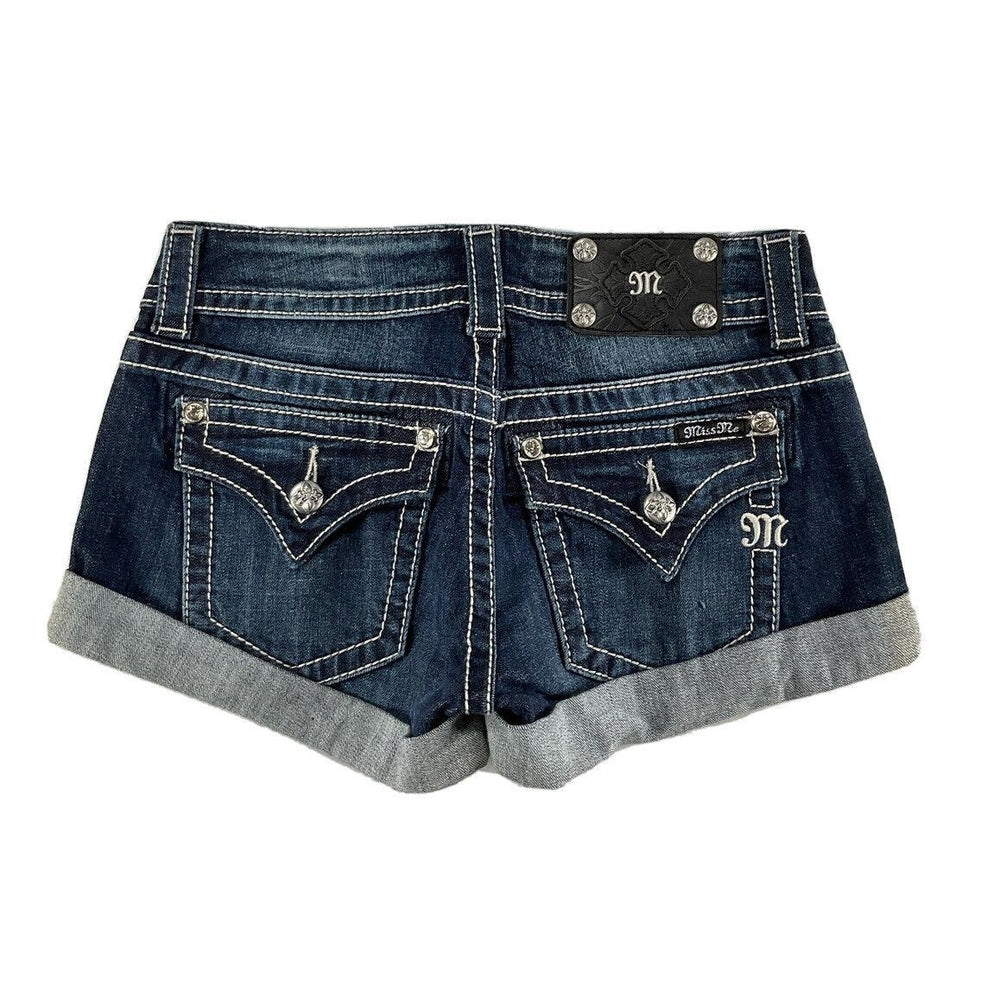 Women Miss Me Jeans Low Rise Embroidered Flap Pocket Cuffed Dark Denim Shorts 26 Image 2