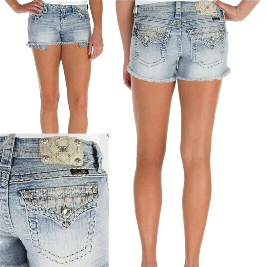 Miss Me Jeans Low Rise Pastel Embroidered Flap Pocket Light Wash Denim Shorts 26 Image 1
