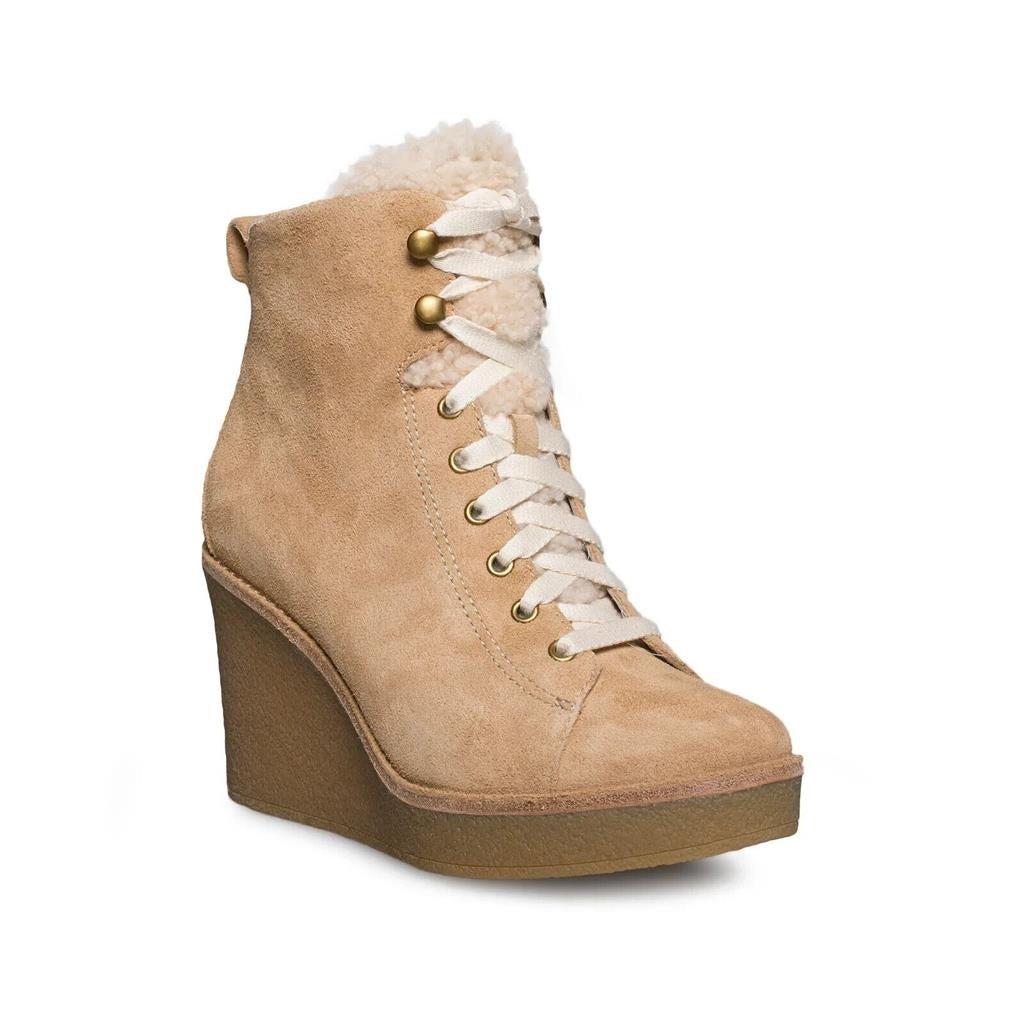 Ugg Australia Boots Kiernan Wedge Shearling Lace Up Suede Ankle Booties Tan 7.5 Image 1