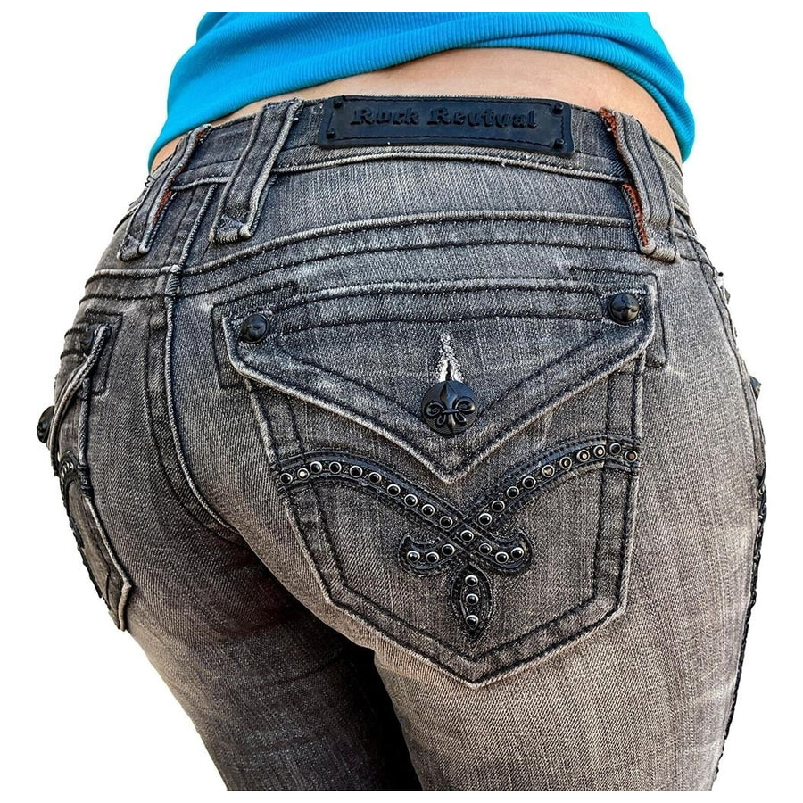 Women Rock Revival Jeans Low Rise Luna Rhinestone Grey Skinny Stretch 26 x 31 Image 1
