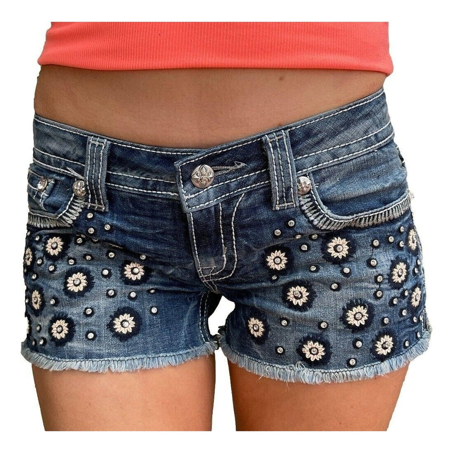 Miss Me Jeans Shorts Low Rise Daisy Floral Rhinestone Festival Frayed Denim 26 Image 1