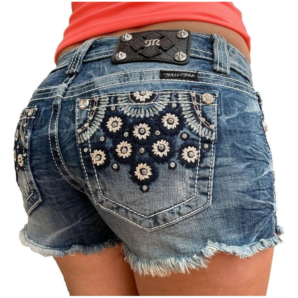 Miss Me Jeans Shorts Low Rise Daisy Floral Rhinestone Festival Frayed Denim 26 Image 2