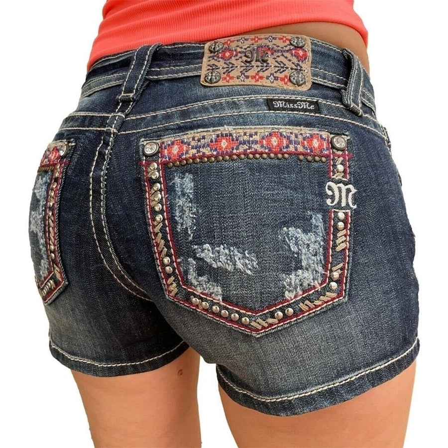 Womens Miss Me Jeans Mid Rise Boho Festival Fair Isle Stud Dark Denim Shorts 26 Image 1