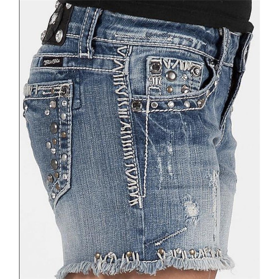 Women Miss Me Jeans Low Rise Studded Thick Stitch Stretch Frayed Denim Shorts 26 Image 1