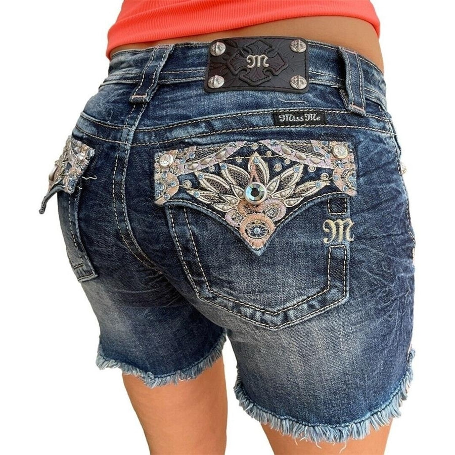 Miss Me Jeans Low Rise Rhinestone Festival Embroidered Frayed Denim Shorts 26 Image 1