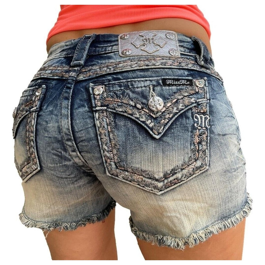 Miss Me Jeans Low Rise Rose Gold Metallic Embroidered Frayed Denim Shorts 26 Image 1