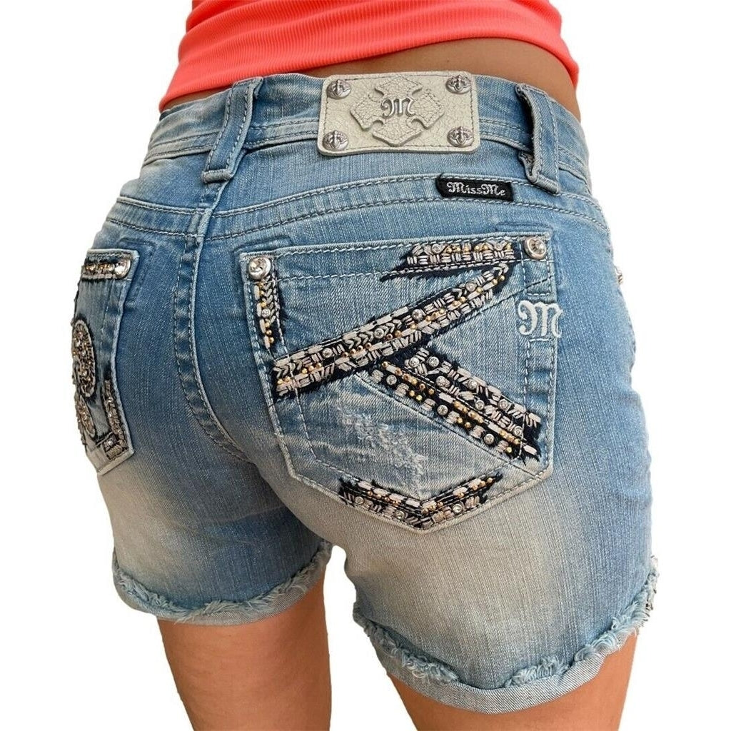 Miss Me Jeans Mid Rise Rhinestone Gold Fleur Embroidered Cuffed Denim Shorts 26 Image 1