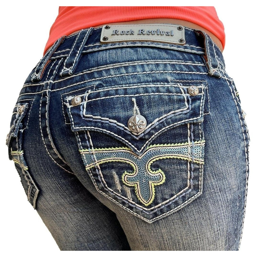Womens Rock Revival Jeans Low Rise Celine Sequin Flap Skinny Stretch 26 x 31 Image 1