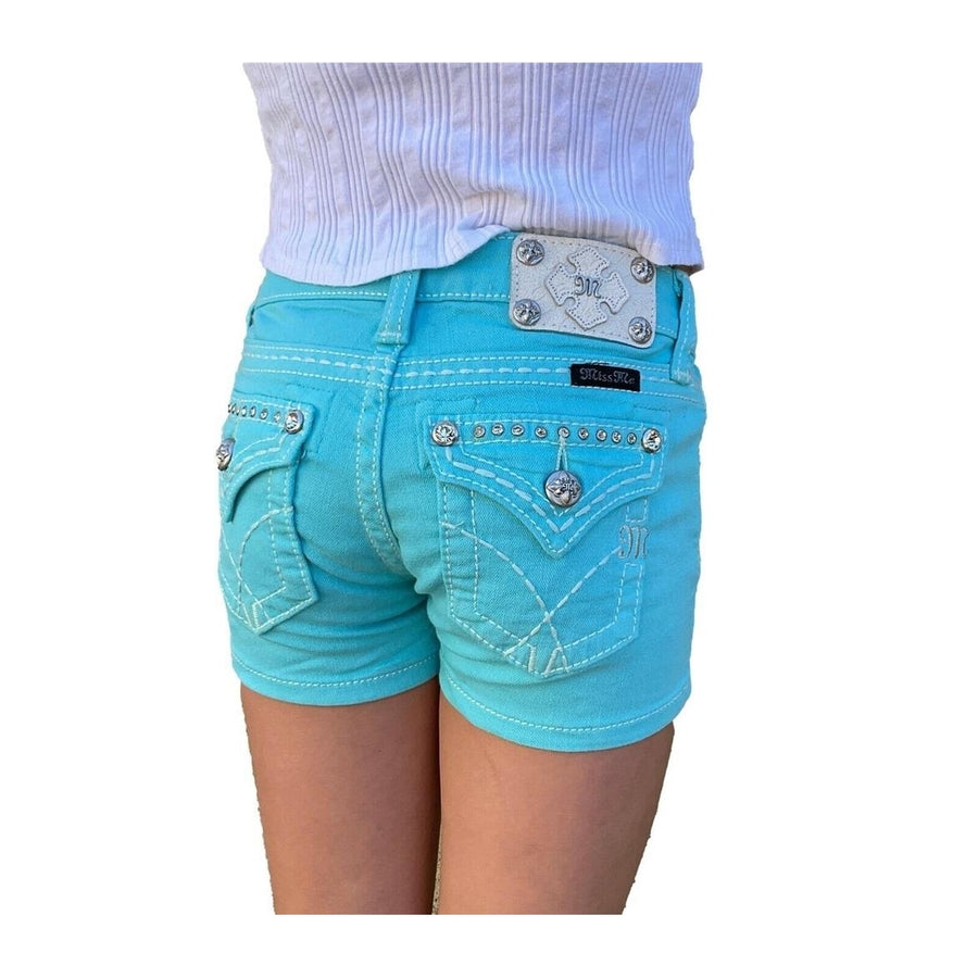Girls Miss Me Jeans Low Rise Turquoise Rhinestone Flap Denim Shorts Kids 10 Image 1