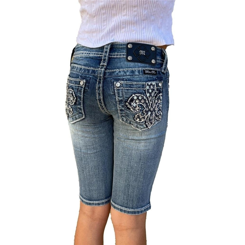 Girls Miss Me Jeans Low Rise Rhinestone Fleur Bermuda Denim Shorts Kids 10 Image 1