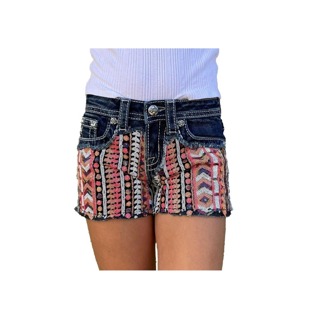 Girls Miss Me Jeans Low Rise Festival Aztec Tribal Sequin Denim Shorts Kids 10 Image 1