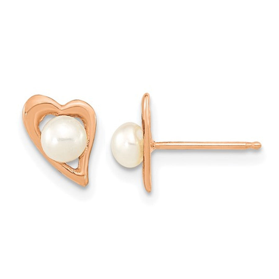 14K Rose Gold Freshwater Cultured Button Pearl Heart Earrings Image 1