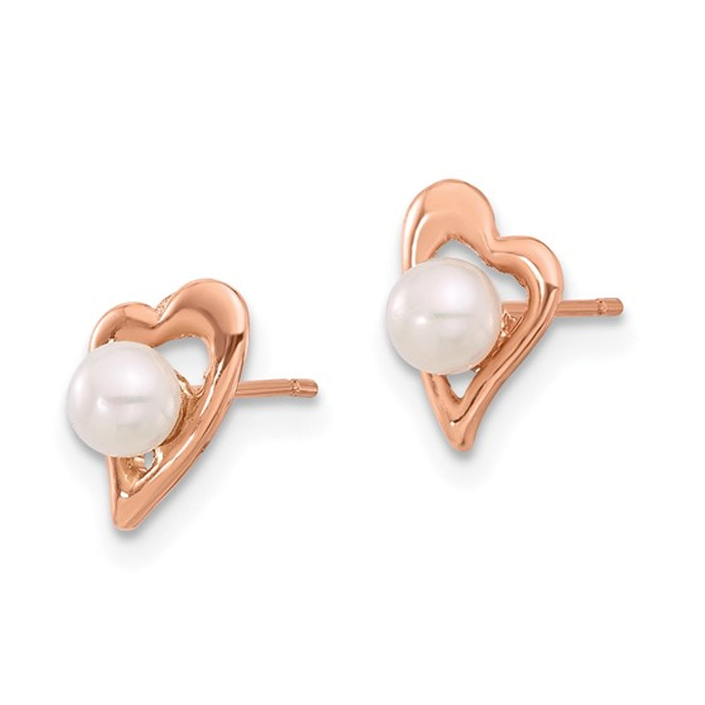 14K Rose Gold Freshwater Cultured Button Pearl Heart Earrings Image 3