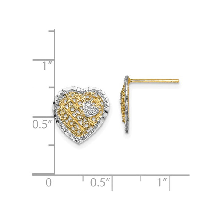 14K Yellow and White Gold Filigree Heart Post Earrings Image 4