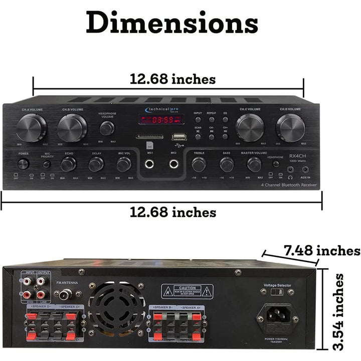 Technical Pro 4 Room 1000 Watts4 Channel Bluetooth Receiver With 4 Pairs of 2-Way Stereo Sound 6.5 Wall Mount Speakers Image 4