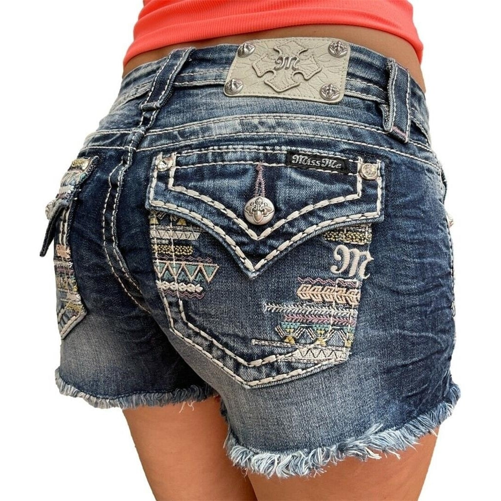 Miss Me Jeans Low Rise Tribal Arrow Embroidered Flap Pocket Denim Shorts 26 Image 1