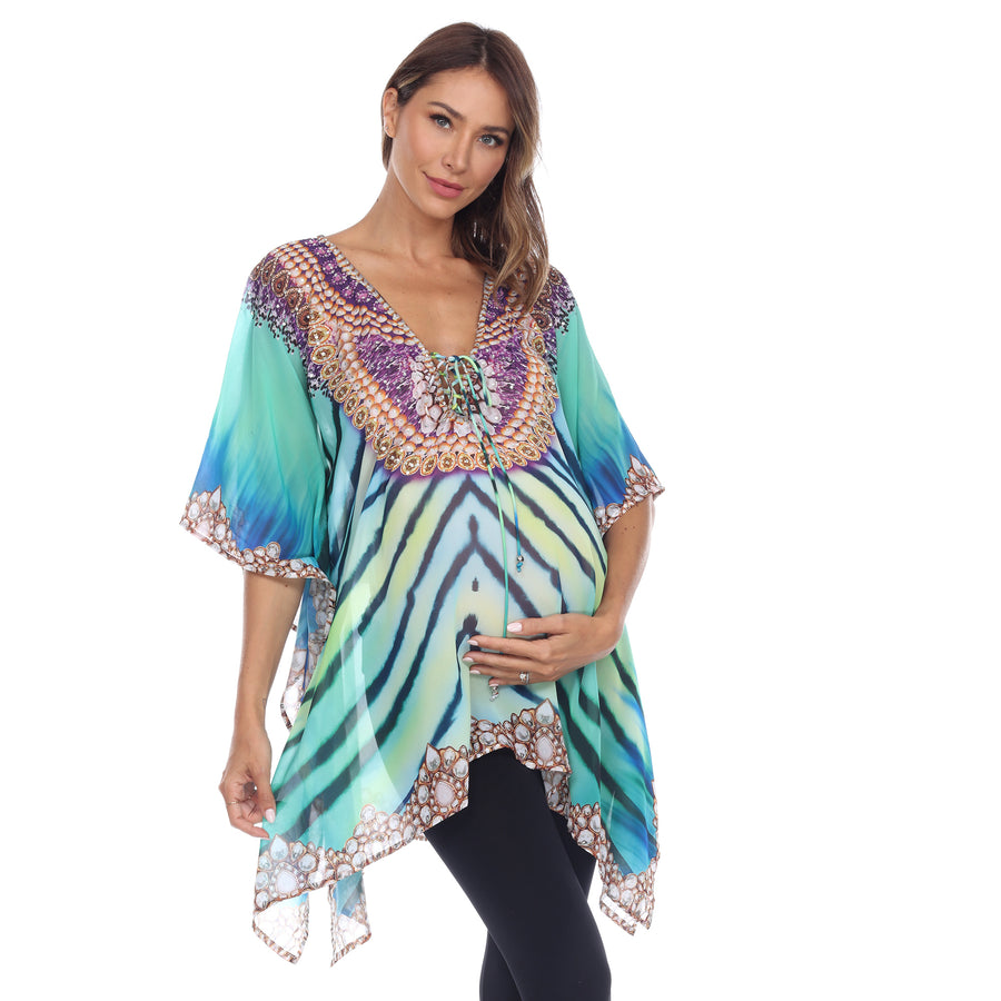 White Mark Womens Maternity Caftan Top Short Tie-up Neckline Multi-Print One Size Image 1