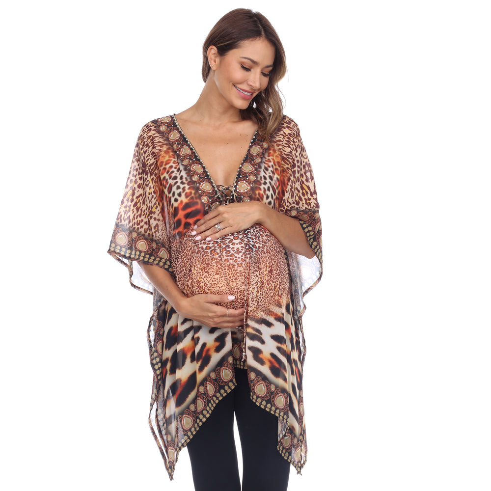 White Mark Womens Maternity Caftan Top Short Tie-up Neckline Multi-Print One Size Image 2