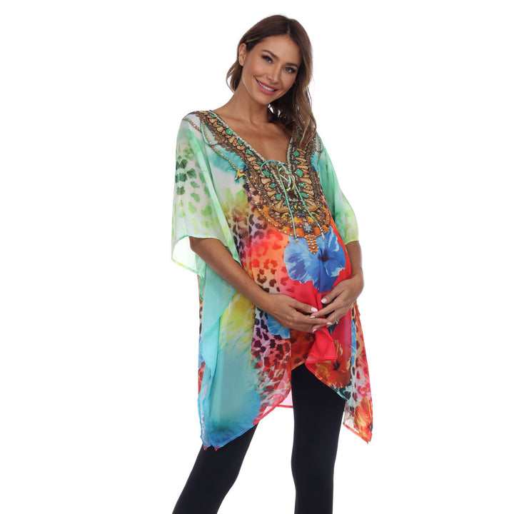 White Mark Womens Maternity Caftan Top Short Tie-up Neckline Multi-Print One Size Image 1