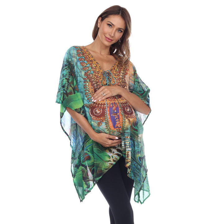 White Mark Womens Maternity Caftan Top Short Tie-up Neckline Multi-Print One Size Image 1