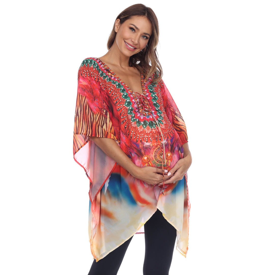 White Mark Womens Maternity Caftan Top Short Tie-up Neckline Multi-Print One Size Image 1