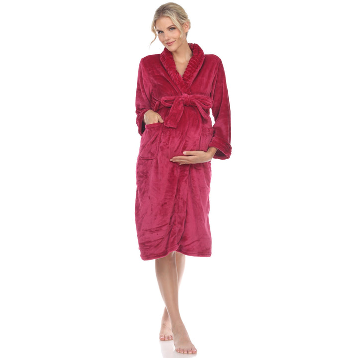 White Mark Maternity Lounge Robe Soft Plush Self-Tie Belt Pockets Various Colors Image 1