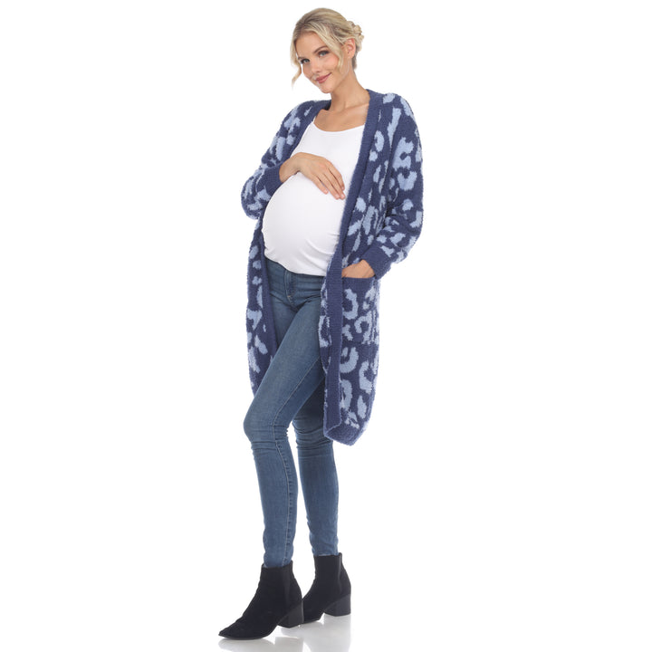 White Mark Maternity Leopard Print Sherpa Coat Open Front Cardigan S-3X Image 3