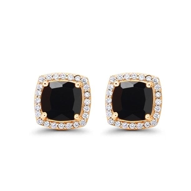 Paris Jewelry 24k Gold Black Sapphire CZ Halo Stud Earrings 2Ct Princess Cut Image 1