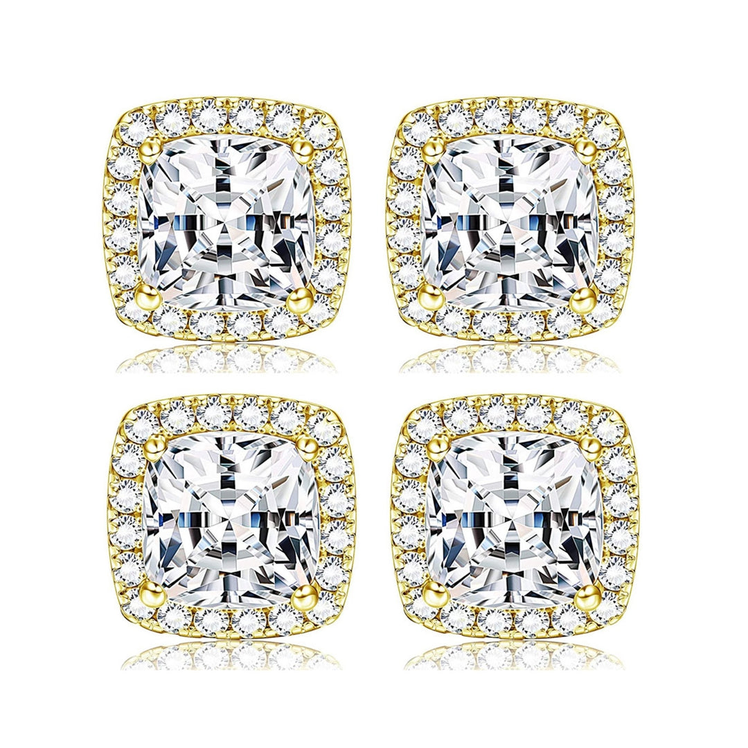 Paris Jewelry 18k Yellow Gold Halo 6mm 1-2Ct Asscher Cut Created White Sapphire CZ Set Of Two Stud Earrings Plated Image 1