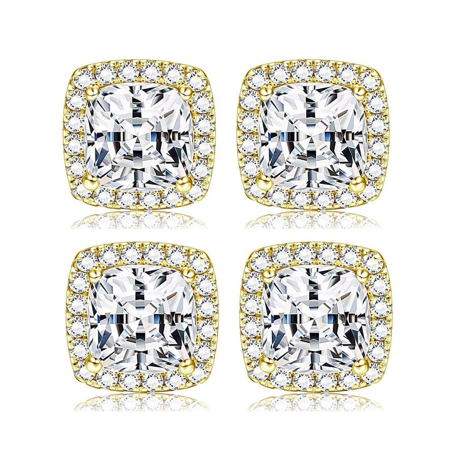 Paris Jewelry 18k Yellow Gold Halo 6mm 1-2Ct Asscher Cut Created White Sapphire CZ Set Of Two Stud Earrings Plated Image 1